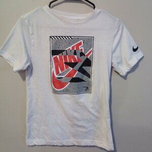 Boys White T-shirt (L, 12-13 years) with Grey, Black, Red & White Logo - Gently